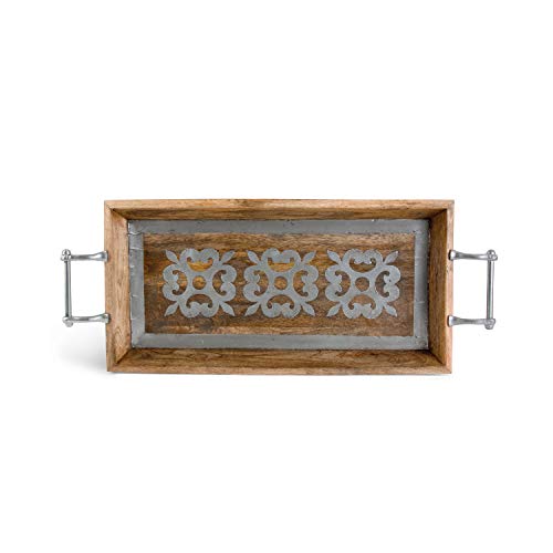 30" Gray Mango Wood Decorative Indoor Rectangular Tray with Handles