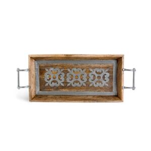 30" gray mango wood decorative indoor rectangular tray with handles