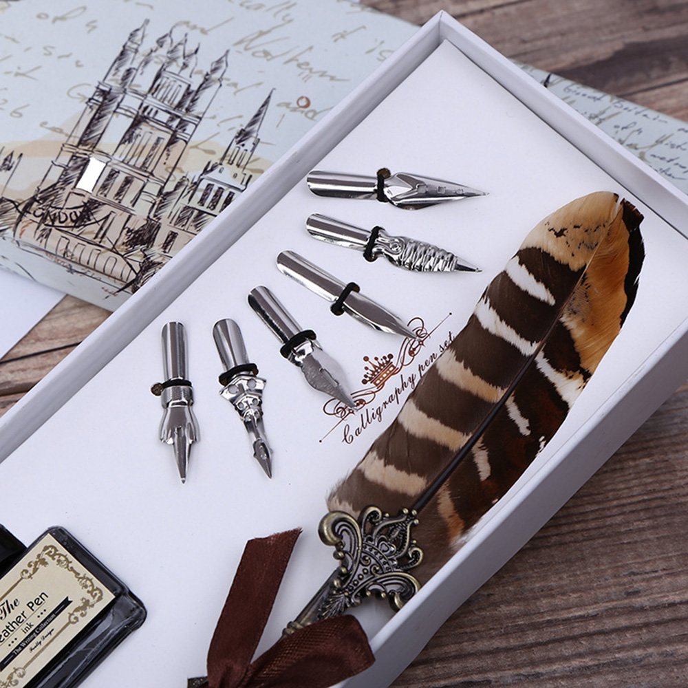 Calligraphy Pen Set Writing Quill Pen 6 Nibs and Ink,Antique Dip Feather Pen Gift Set for Beginners Birthday Gift,Beautiful Vintage Signature Pen