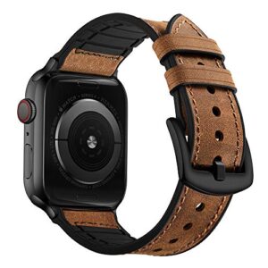 ouheng compatible with apple watch band 49mm 45mm 44mm 42mm, sweatproof genuine leather and rubber hybrid band strap for iwatch ultra series 8 7 6 5 4 3 2 1 se2 se, brown band with black adapter
