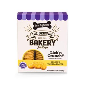 three dog bakery lick'n crunch sandwich cookies premium dog treats with no artificial flavors, golden & vanilla flavor, 13 ounces