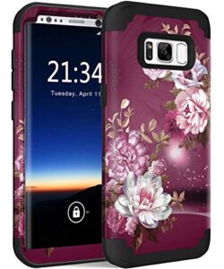 hocase galaxy s8 case, heavy duty shockproof protection soft silicone rubber bumper+hard plastic hybrid dual layer protective case for samsung galaxy s8 (sm-g950u) 2017 - burgundy flowers