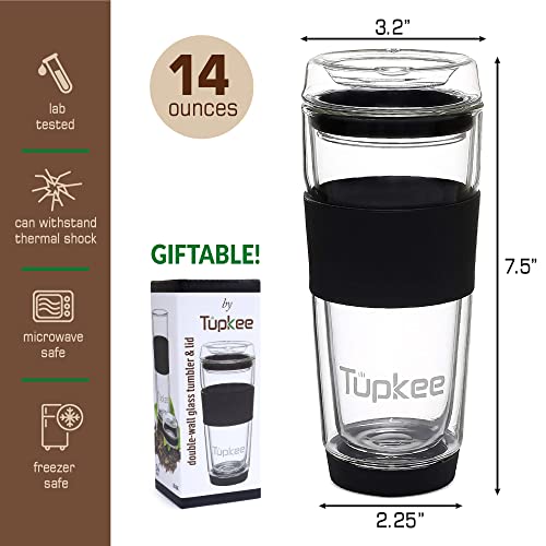Tupkee Double Wall Glass Tumbler - 14-Ounce, All Glass Reusable Insulated Tea/Coffee Mug & Lid, Hand Blown Glass Travel Mug - Black