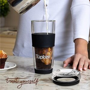 Tupkee Double Wall Glass Tumbler - 14-Ounce, All Glass Reusable Insulated Tea/Coffee Mug & Lid, Hand Blown Glass Travel Mug - Black