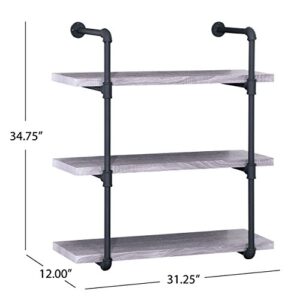 Christopher Knight Home Caden Industrial Three Tier Faux Wood Wall-Mounted Shelf, Finish, Light Gray + Texture Black