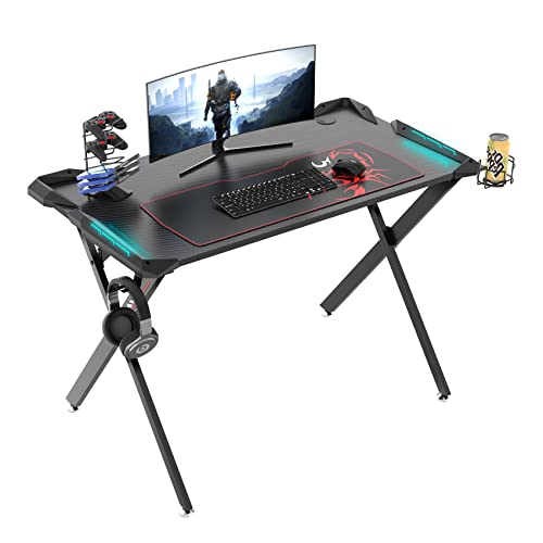 EUREKA ERGONOMIC Gaming Desk with RGB LED Lights, 45 Inch Gamer Desk PC Gaming Computer Desk Gaming Table Workstation W Free Mouse Pad, Controller Stand,Cup Holder and Headphone Hook,Black