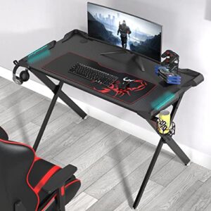 EUREKA ERGONOMIC Gaming Desk with RGB LED Lights, 45 Inch Gamer Desk PC Gaming Computer Desk Gaming Table Workstation W Free Mouse Pad, Controller Stand,Cup Holder and Headphone Hook,Black