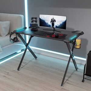 EUREKA ERGONOMIC Gaming Desk with RGB LED Lights, 45 Inch Gamer Desk PC Gaming Computer Desk Gaming Table Workstation W Free Mouse Pad, Controller Stand,Cup Holder and Headphone Hook,Black