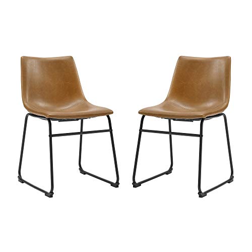 Walker Edison Douglas Urban Industrial Faux Leather Armless Dining Chairs, Set of 2, Whiskey Brown