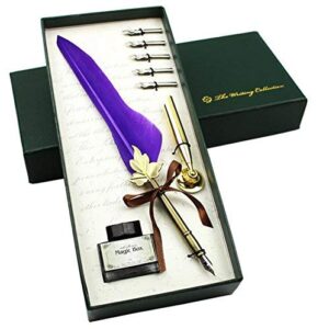 vintage feather quill pen with ink set antique feather calligraphy writing drawing pen with pen holder for kids friend birthday holiday christmasgift set (purple)