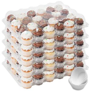 cupcake boxes 24 count, cup cake containers, travel carrier, 5 pack (120 compartment), full size, tall dome, clear, pet plastic, disposable, tray with lid, cupcakes transport holder, houseables