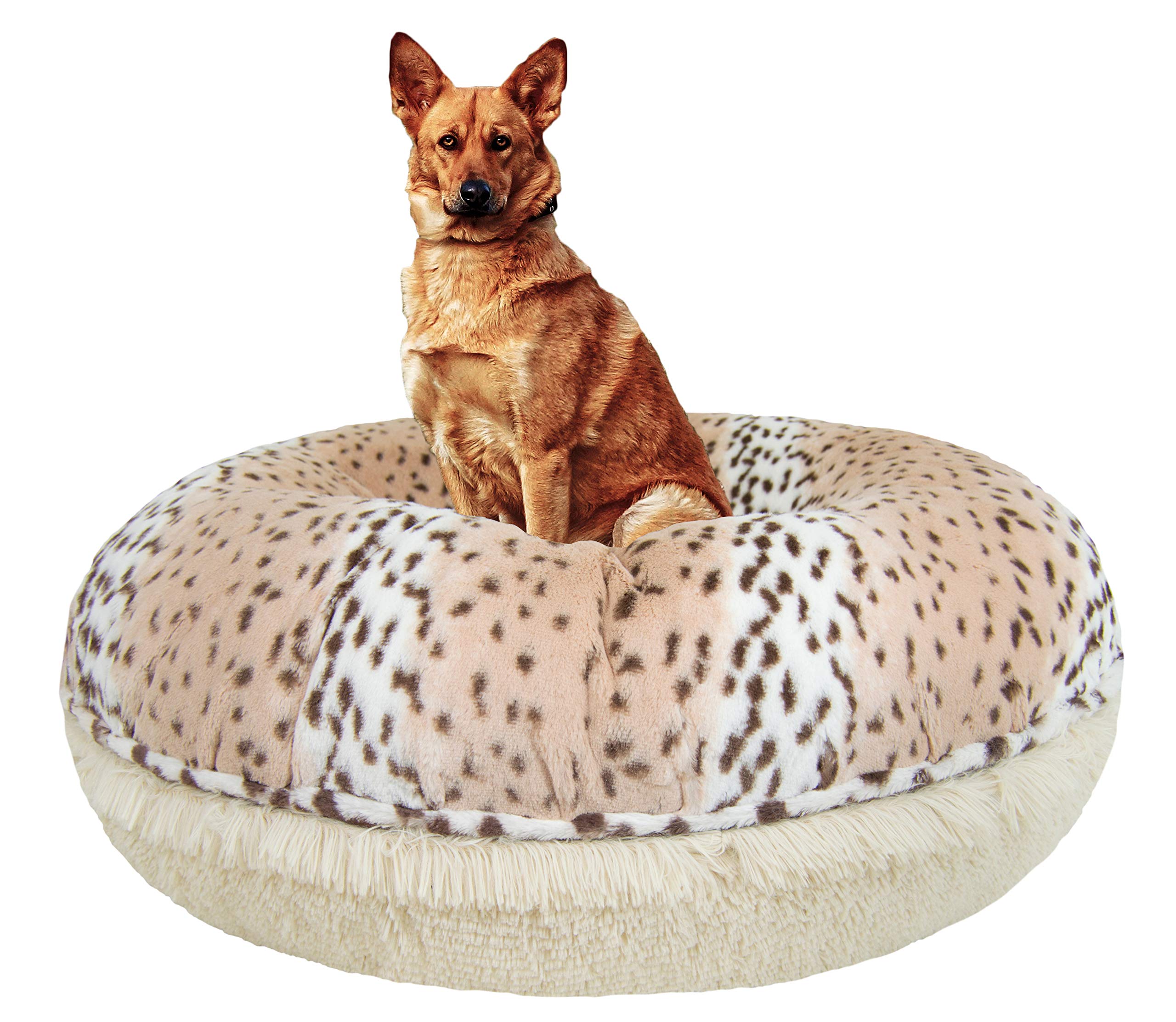 BESSIE AND BARNIE Signature Aspen Snow Leopard/ Blondie Luxury Shag Extra Plush Faux Fur Bagel Pet/Dog Bed (Multiple Sizes), S- 30"