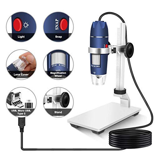 Jiusion HD 2MP USB Digital Microscope 40-1000X Portable Magnification Endoscope Camera with 8 LEDs Aluminum Alloy Stable Stand for OTG Android Mac Windows 7 8 10 11 Linux Chrome