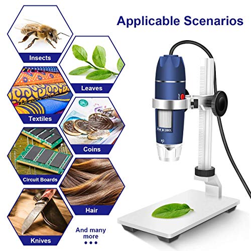 Jiusion HD 2MP USB Digital Microscope 40-1000X Portable Magnification Endoscope Camera with 8 LEDs Aluminum Alloy Stable Stand for OTG Android Mac Windows 7 8 10 11 Linux Chrome