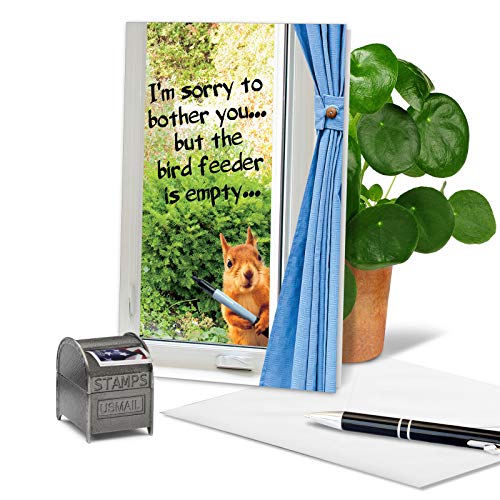 NobleWorks - 1 Happy Birthday Card with Funny Animals - Wildlife and Pet Humor, Fun Birthday Celebration Notecard - Empty Bird Feeder C2561BDG