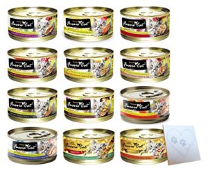 fussie cat huge variety pack - 12 flavors: tuna & shrimp, chicken & liver, tuna & prawn, tuna & bream, chicken & vegetable, tuna & clam, (1) pet paws notepad and more! (2.82oz each, 12 total cans)
