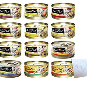 Fussie Cat Huge Variety Pack - 12 Flavors: Tuna & Shrimp, Chicken & Liver, Tuna & Prawn, Tuna & Bream, Chicken & Vegetable, Tuna & Clam, (1) Pet Paws Notepad and More! (2.82oz Each, 12 Total Cans)