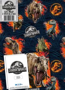 jurassic park wrapping paper and gift tags, 2 sheets and 2 gift tags