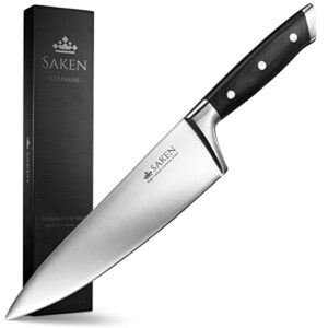 saken 8-inch chef’s knife - high-carbon german steel chef knife with ergonomic wooden handles - professional multipurpose kitchen knife for slicing, chopping, mincing, deboning, and more