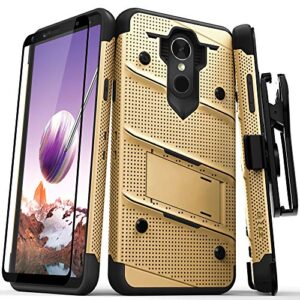 zizo bolt series compatible with lg stylo 4 case military grade drop tested with tempered glass screen protector, holster, kickstand gold black