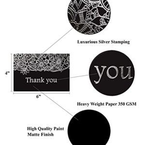 120 Elegant Thank You Cards in Black with Matching Black Envelopes and Sealing Stickers - Thick Quality Cardstock 6 Designs Bulk Notes Embossed with Silver Foil Letters, 4x6 Inches Folded