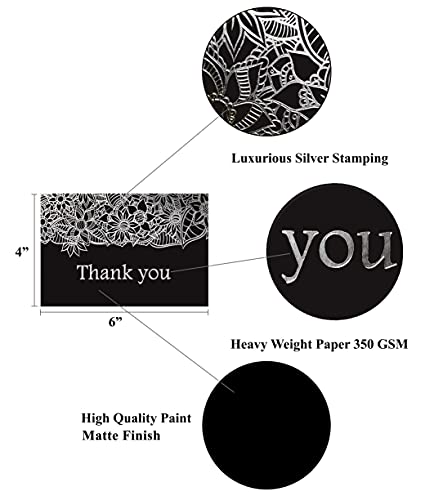 120 Elegant Thank You Cards in Black with Matching Black Envelopes and Sealing Stickers - Thick Quality Cardstock 6 Designs Bulk Notes Embossed with Silver Foil Letters, 4x6 Inches Folded