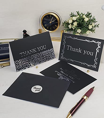 120 Elegant Thank You Cards in Black with Matching Black Envelopes and Sealing Stickers - Thick Quality Cardstock 6 Designs Bulk Notes Embossed with Silver Foil Letters, 4x6 Inches Folded