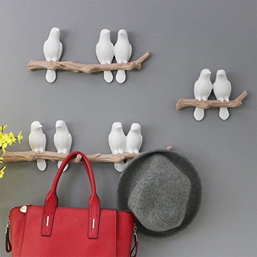 WINGOFFLY® Decorative Birds On Tree Branch Wall Mounted Coat Hanger for Coats/Hats/Keys/Towels(Three Birds)