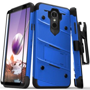 zizo bolt series lg stylo 4 case military grade drop tested with tempered glass screen protector, holster, kickstand blue black