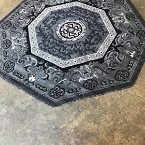 Carpet King Traditional Persian Oriental Octagon Area Rug Grey Black Silver Gray Design 101 (4 Feet X 4 Feet)