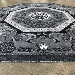 Carpet King Traditional Persian Oriental Octagon Area Rug Grey Black Silver Gray Design 101 (4 Feet X 4 Feet)