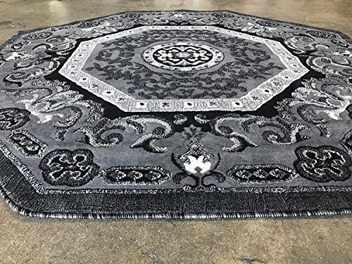 Carpet King Traditional Persian Oriental Octagon Area Rug Grey Black Silver Gray Design 101 (4 Feet X 4 Feet)