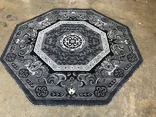 Carpet King Traditional Persian Oriental Octagon Area Rug Grey Black Silver Gray Design 101 (4 Feet X 4 Feet)