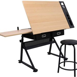 HomGarden Height Adjustable Drafting Desk Drawing Table Art Craft Work Station w/Stool, Storage Drawers for Drawing, Reading, Writing