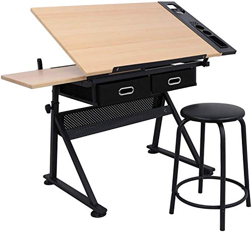 HomGarden Height Adjustable Drafting Desk Drawing Table Art Craft Work Station w/Stool, Storage Drawers for Drawing, Reading, Writing