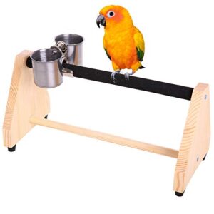 qbleev parrot play wood stand bird grinding perch table platform birdcage feeder stands with feeder dish cup portable table playstand for small cockatiels, conures, parakeets, finch