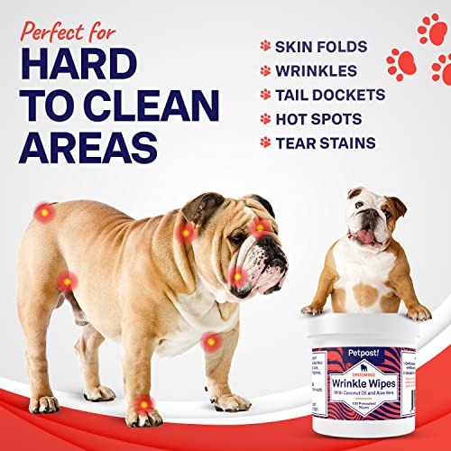 Petpost | Bulldog Wrinkle Wipes for Dogs - Natural Coconut Oil Formula Cleans and Soothes Pug Wrinkles and Folds - 100 Ultra Soft Cotton Pads