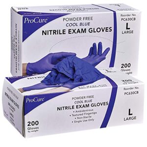 medical exam disposable nitrile gloves large, 400 count - powder free, rubber latex free, food safe, surgical grade, ambidextrous, textured tips, 3 mil thickness - cool blue (2 boxes of 200)