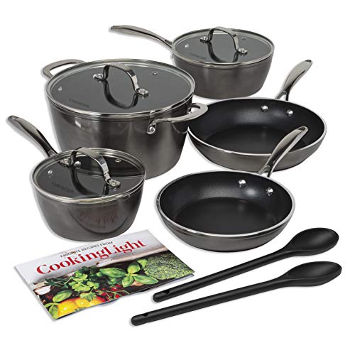 Cooking Light Inspire Non-Stick Cookware Set, Dishwasher Oven Safe Pots and Pans, Steam Vented Glass Lids, 2 Nylon Tools Included, 10 Piece, Gunmetal Gray