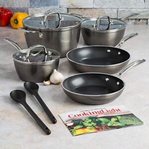 Cooking Light Inspire Non-Stick Cookware Set, Dishwasher Oven Safe Pots and Pans, Steam Vented Glass Lids, 2 Nylon Tools Included, 10 Piece, Gunmetal Gray