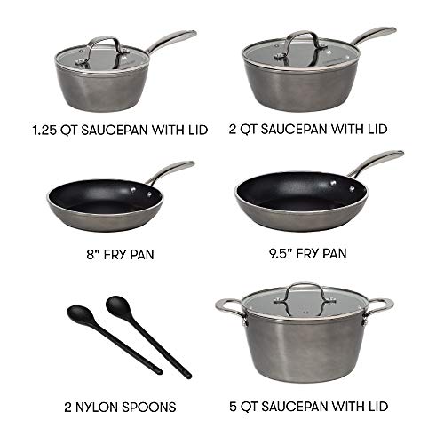 Cooking Light Inspire Non-Stick Cookware Set, Dishwasher Oven Safe Pots and Pans, Steam Vented Glass Lids, 2 Nylon Tools Included, 10 Piece, Gunmetal Gray