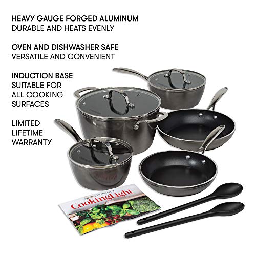 Cooking Light Inspire Non-Stick Cookware Set, Dishwasher Oven Safe Pots and Pans, Steam Vented Glass Lids, 2 Nylon Tools Included, 10 Piece, Gunmetal Gray