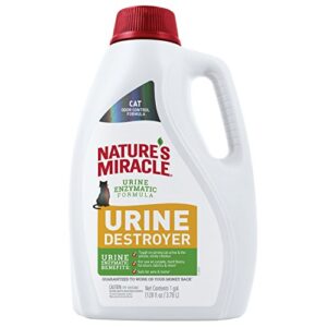 nature’s miracle urine destroyer 1 gallon, light fresh scent, tough on strong cat urine and the yellow sticky residue