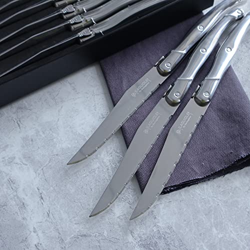 Laguiole by Hailingshan Steak knives Serrated Edge Sharp Light Premium Dishwasher Safe Stainless Steel knife set of 8 Silverware with Gift Box