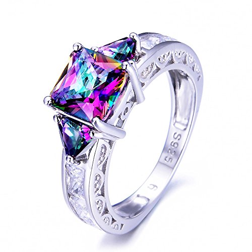 iGEM 925 Sterling Silver Princess Cut Rainbow Mystic Topaz Ring Wedding Band (6)