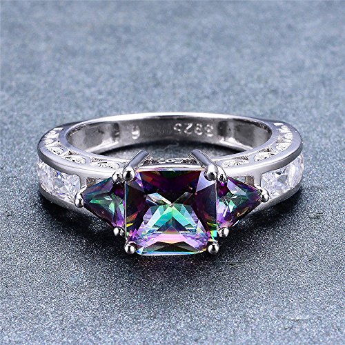 iGEM 925 Sterling Silver Princess Cut Rainbow Mystic Topaz Ring Wedding Band (6)