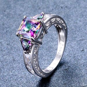 iGEM 925 Sterling Silver Princess Cut Rainbow Mystic Topaz Ring Wedding Band (6)