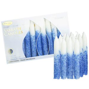 shabbat candles by rite lite - 12 pieces - packaged in a beautiful box with an artistic card hanukkah (premium white & blue)