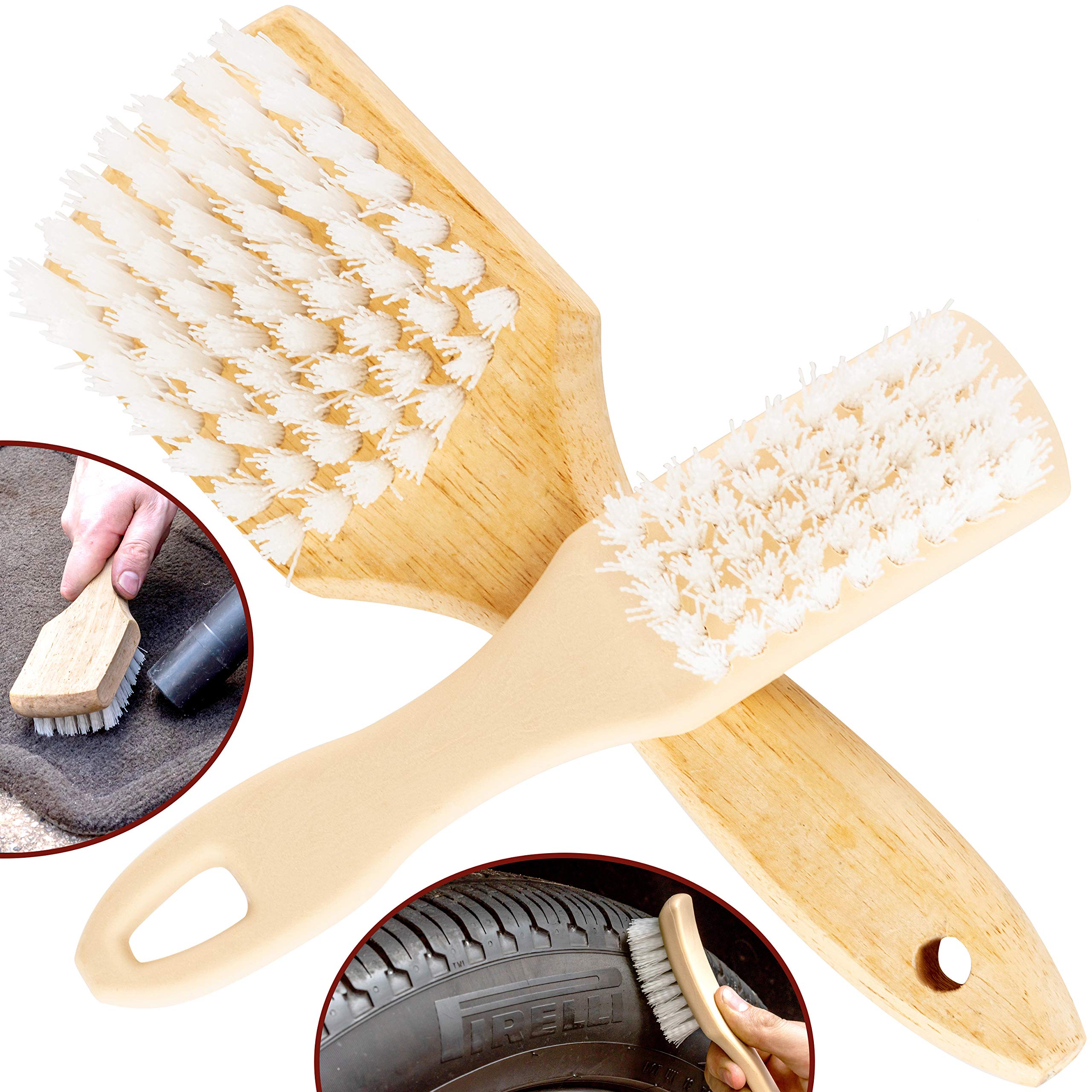 Ergonomic, Pro-Grade Tire Scrubbing Brushes 2 Pack. Easily Scrub Without Scratching Rims or Wheels, Even on Low Profile Sidewalls. Durable Bristles are Great for Floor Mats, Tires, or Home Cleaning!