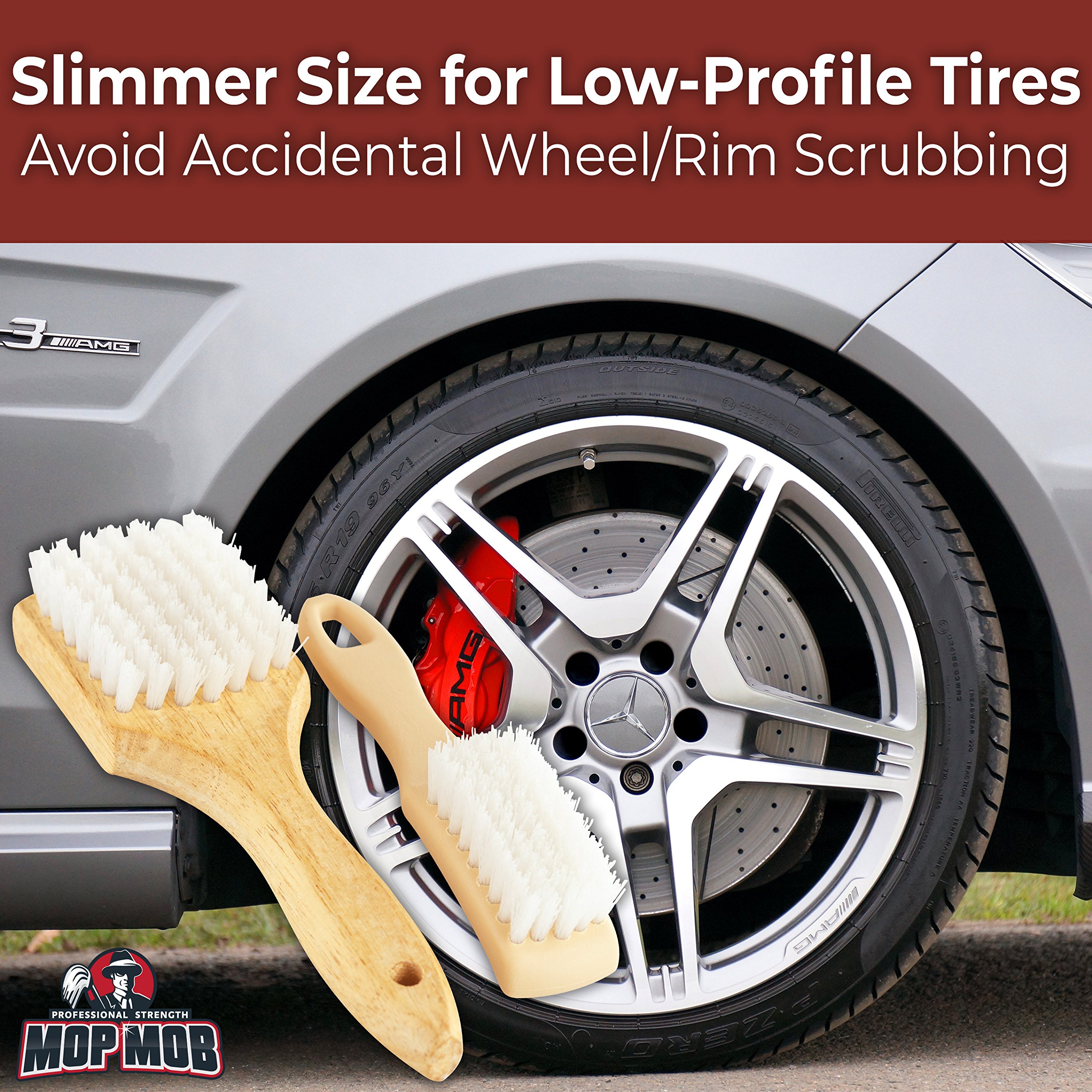 Ergonomic, Pro-Grade Tire Scrubbing Brushes 2 Pack. Easily Scrub Without Scratching Rims or Wheels, Even on Low Profile Sidewalls. Durable Bristles are Great for Floor Mats, Tires, or Home Cleaning!